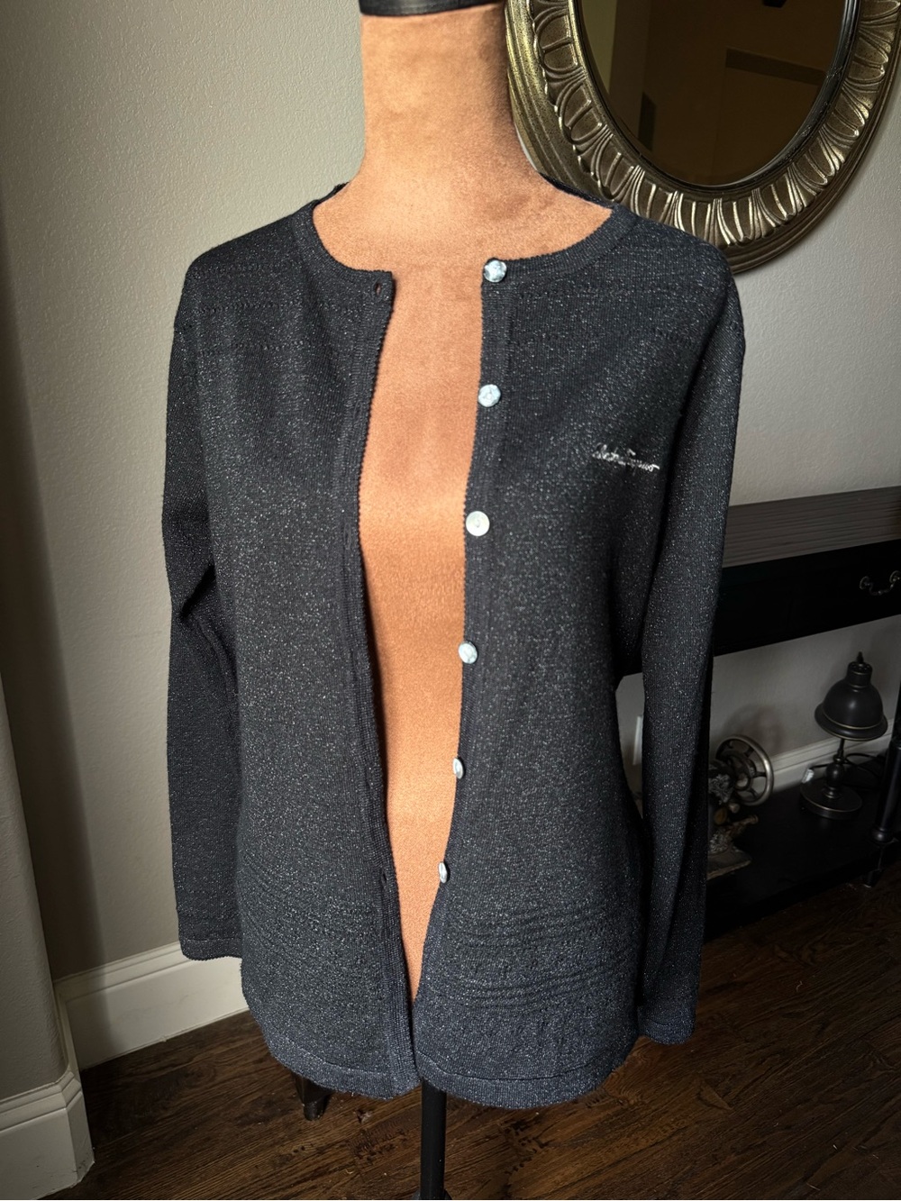 Salvatore Ferragamo Black Metallic Wool Cardigan Script Logo Italy Rare M